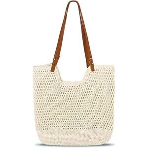 Women's Beige Boho Woven Shoulder Bag Crochet Beach Tote Purse For Beach Day